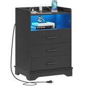 Nightstand with Charging Station and LED Lights, Modern End Table with 3 Drawers