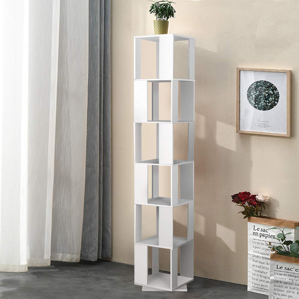 6 Tier Wooden Bookcase Corner Tall Book Shelf Modern 360° Rotating Storage Display Rack Floor