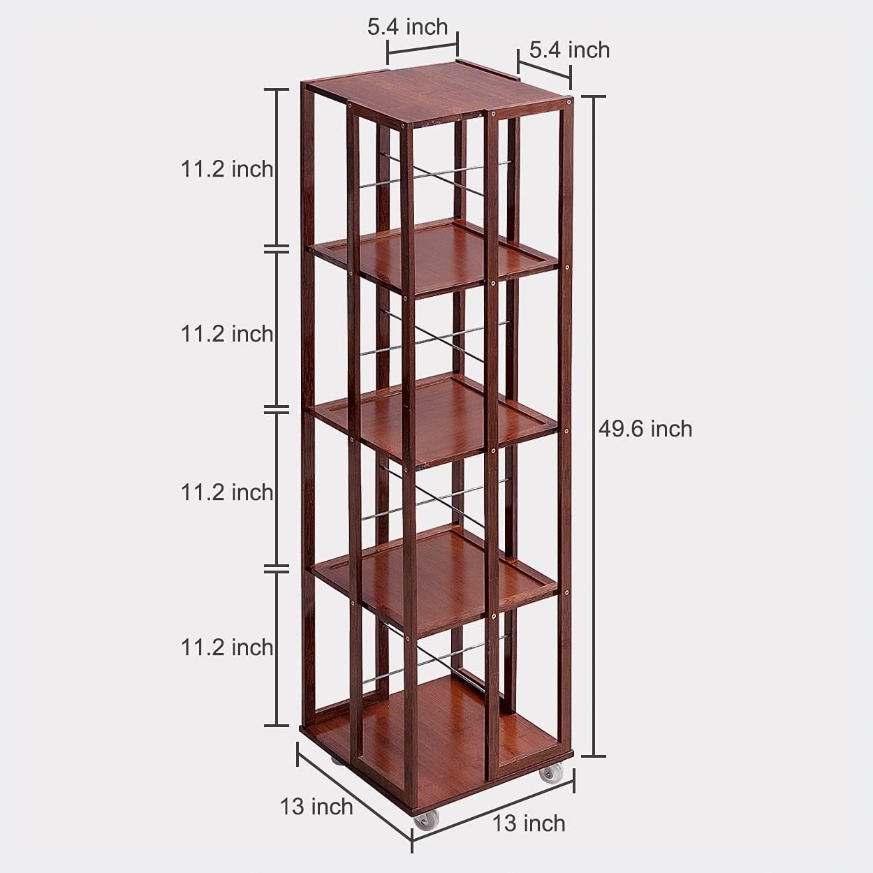 COPREE 5 Tier Rolling Bookcase, Bamboo 360 Rotating Bookshelf, Freestanding Storage Organizer Holder Book Rack with Wheels for Bedroom, Living Room Home and Office