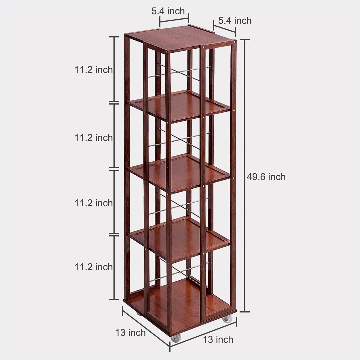 COPREE 5 Tier Rolling Bookcase, Bamboo 360 Rotating Bookshelf, Freestanding Storage Organizer Holder Book Rack with Wheels for Bedroom, Living Room Home and Office