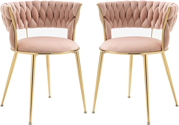 Dining Chair Set of 2, Velvet Woven Upholstered Dining Chair with Gold Metal Legs,