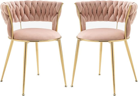 Dining Chair Set of 2, Velvet Woven Upholstered Dining Chair with Gold Metal Legs,