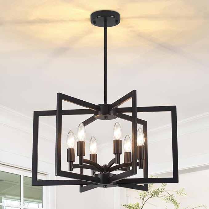 Chandelier Dining Room Light Fixtures,6-Light Kitchen Island Light Rustic Wood Grain