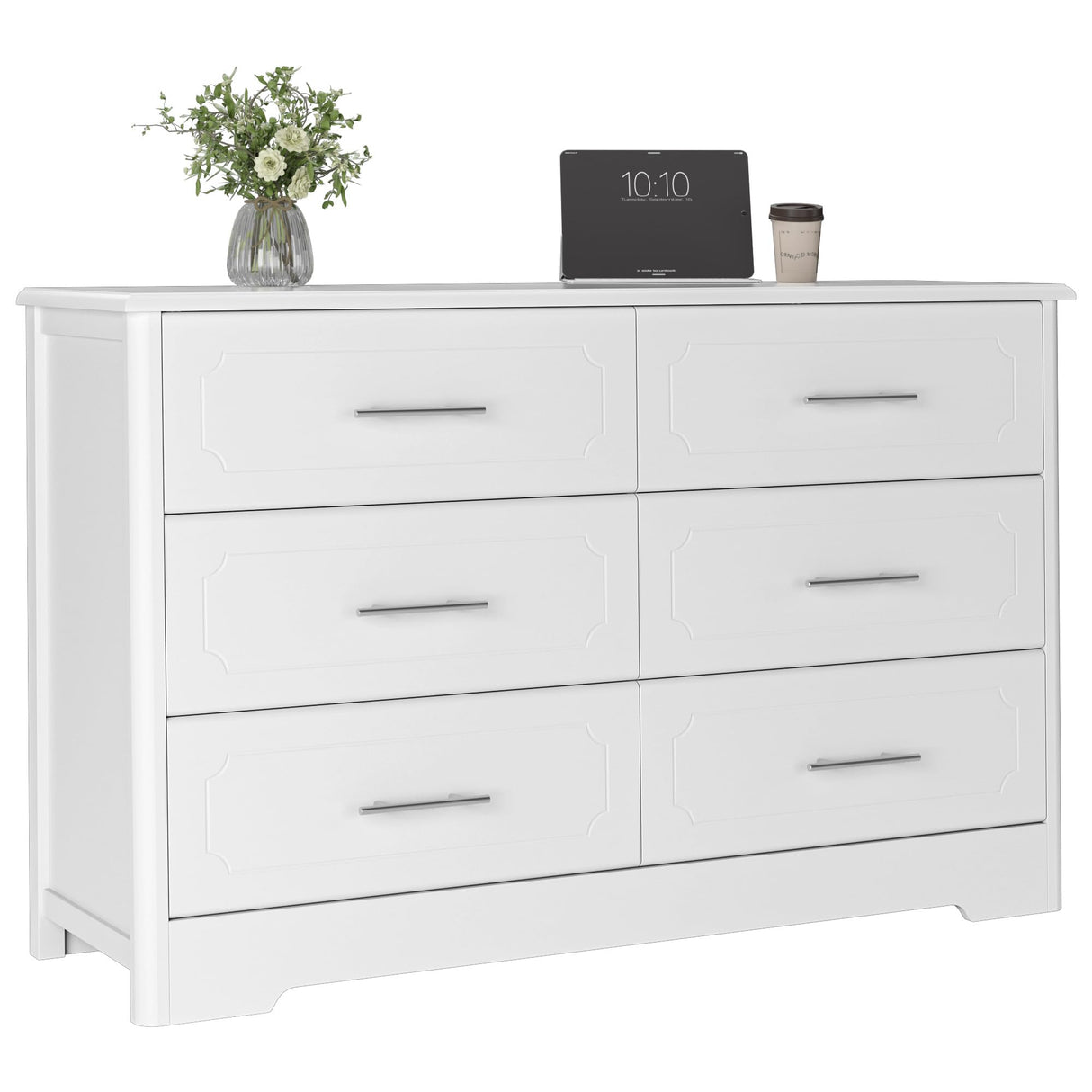 6 Drawer Dresser, Modern White Double Dresser, Wide Chest of Drawers with Metal