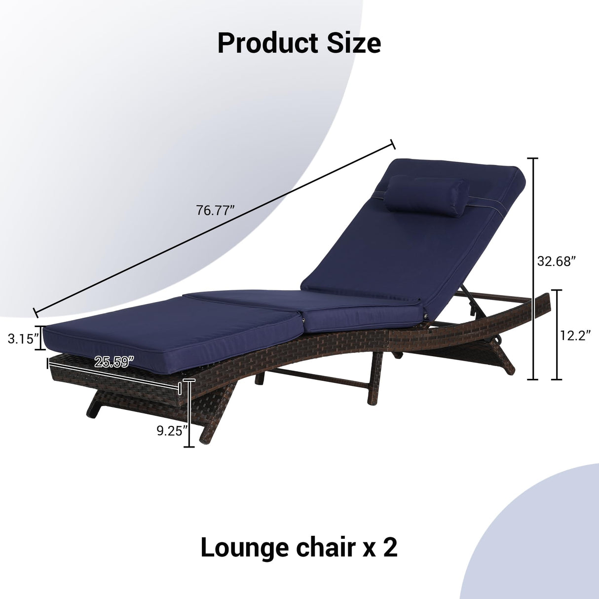 KEIKI Outdoor Long Reclining Chair Set of 2, PE Wicker Chaise Lounge Chairs with 5-Level Adjustable Backrest, Sunbathing Chairs Recliner up to 150° for Poolside, Garden, Beach, Deck, Dark Blue