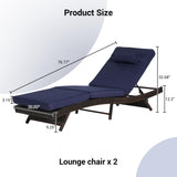 KEIKI Outdoor Long Reclining Chair Set of 2, PE Wicker Chaise Lounge Chairs with 5-Level Adjustable Backrest, Sunbathing Chairs Recliner up to 150° for Poolside, Garden, Beach, Deck, Dark Blue
