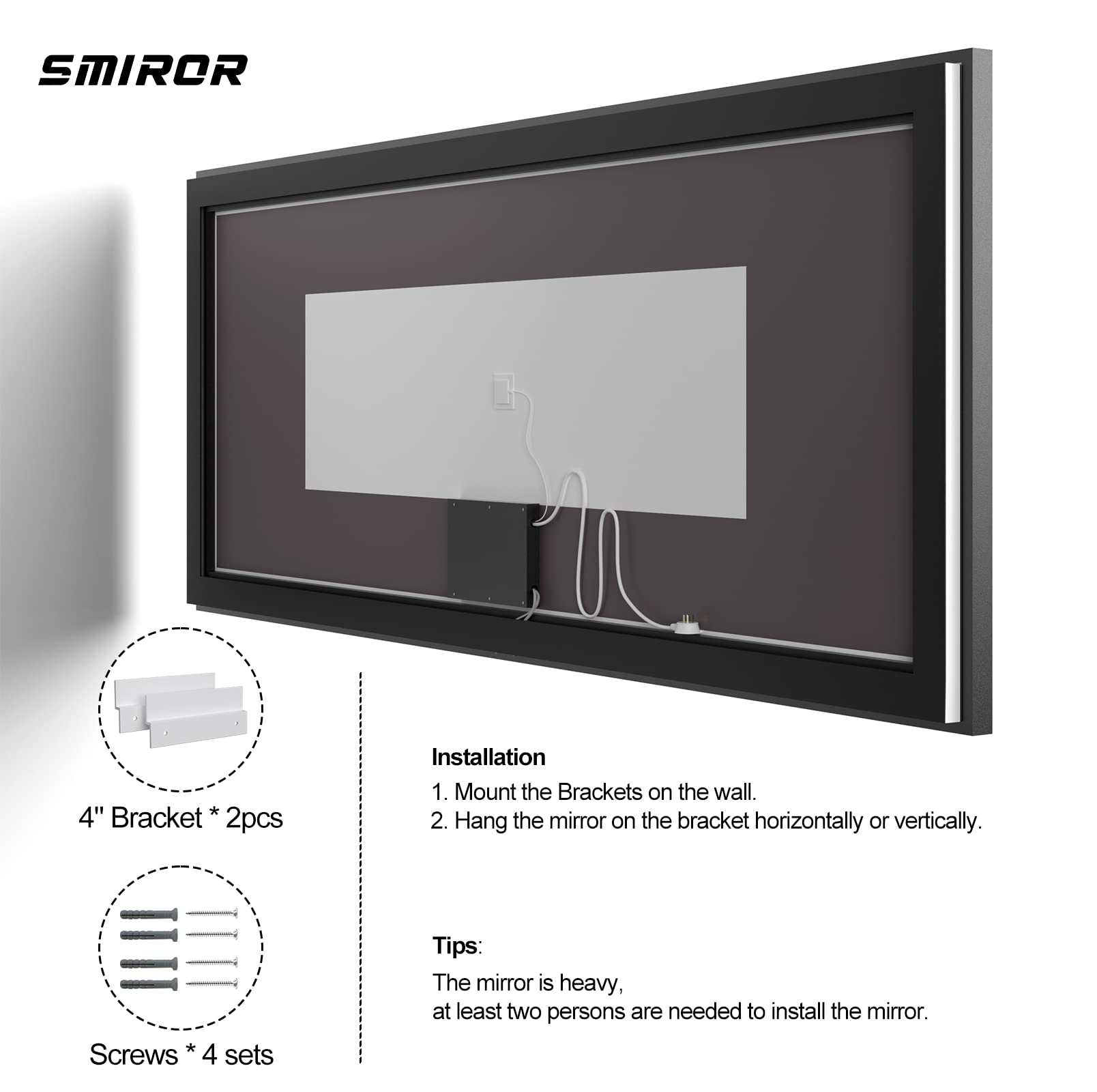 LED Bathroom Mirror, Matte Black Framed Lighted Rectangle Vanity Mirrors