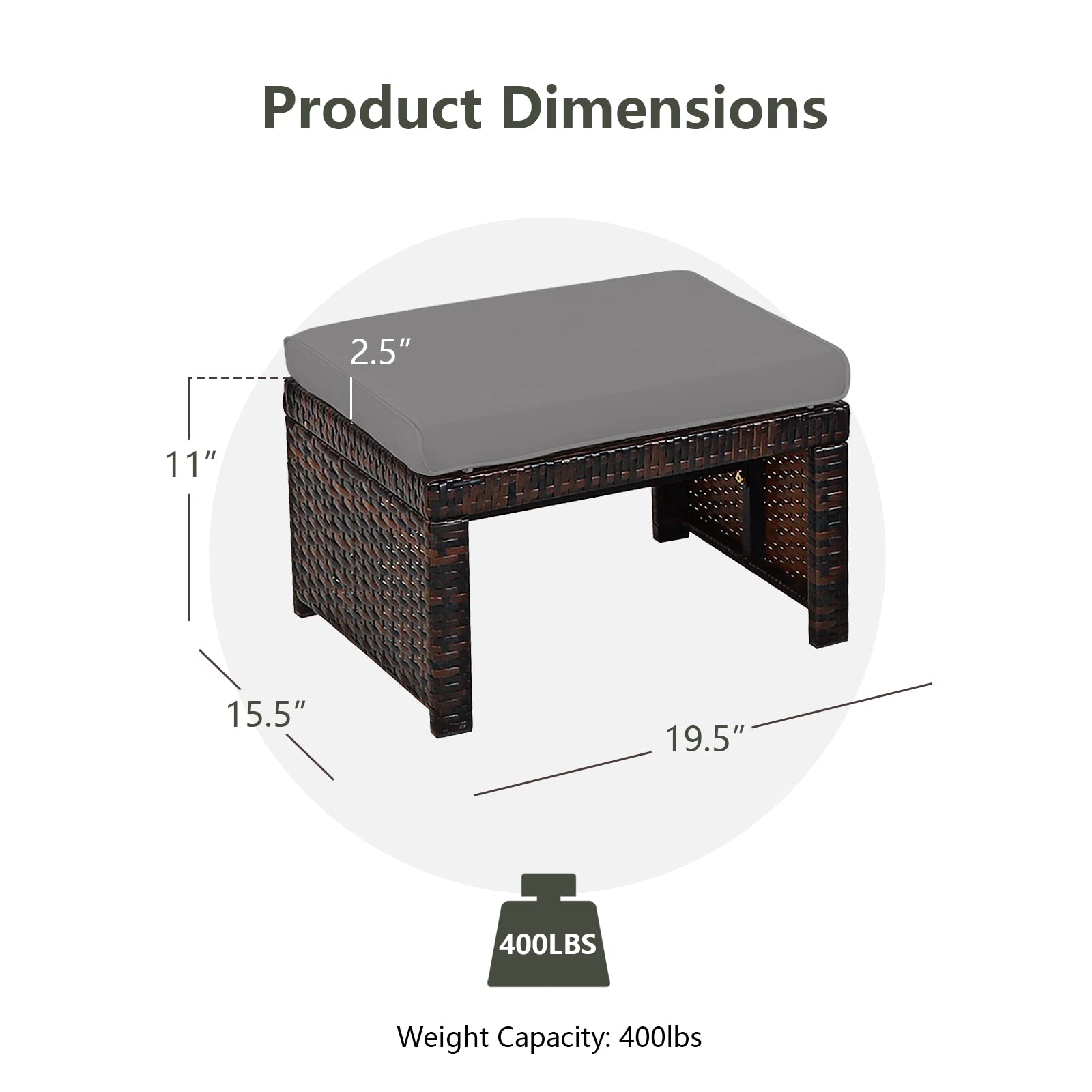 HAPPYGRILL 2 Piece Outdoor Wicker Ottomans, Patio Rattan Footstool with Cushions, Solid Steel Frame, Multifunctional Ottomans for Poolside Backyard Balcony