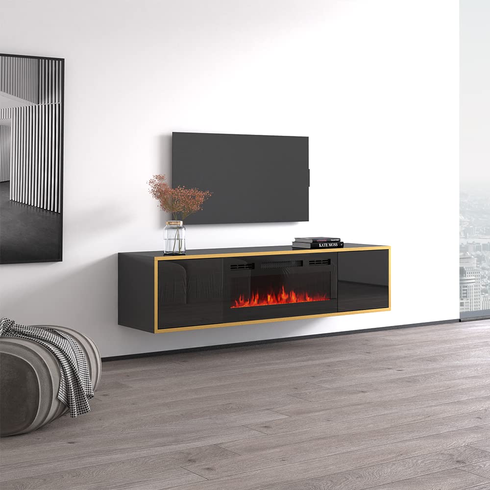 Goldie BL-EF Floating Fireplace TV Stand for TVs up to 75", Modern High Gloss