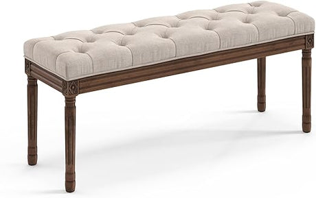 60" Bedroom Bench, Vintage French Tufted End of Bed Bench, Upholstered Fabric Ottoman Bench with Carved Dark Brown Legs for Bedroom,Dining Bench Piano Stool for Living Room,Foyer, Linen