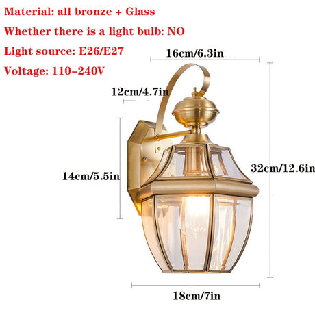 Outdoor Copper Wall Light Waterproof LED Wall Lanterns Porch & Patio Lights with Clear