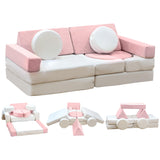 Modular Kids Play Couch, Kids Couch with Washable Velvet Cover, Modular Couch for Boys and Girls, Convertible Foam and Floor Cushion for Nursery Playroom, Pink & Beige