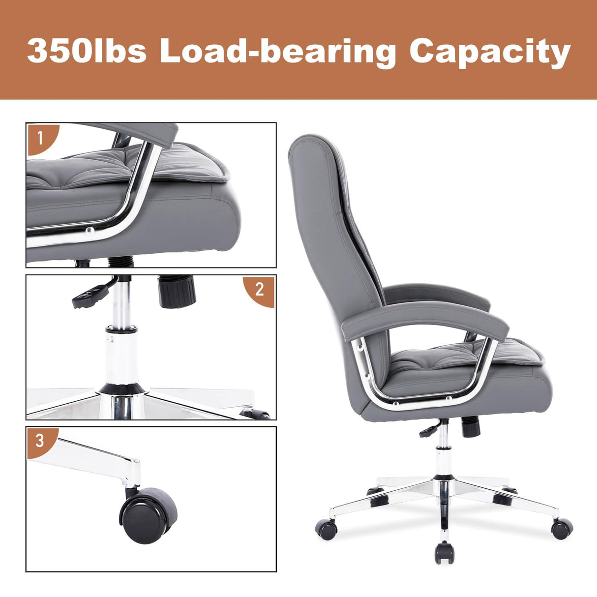 Leather Executive Office Chair with Arms and Wheels, High Back Ergonomic Computer