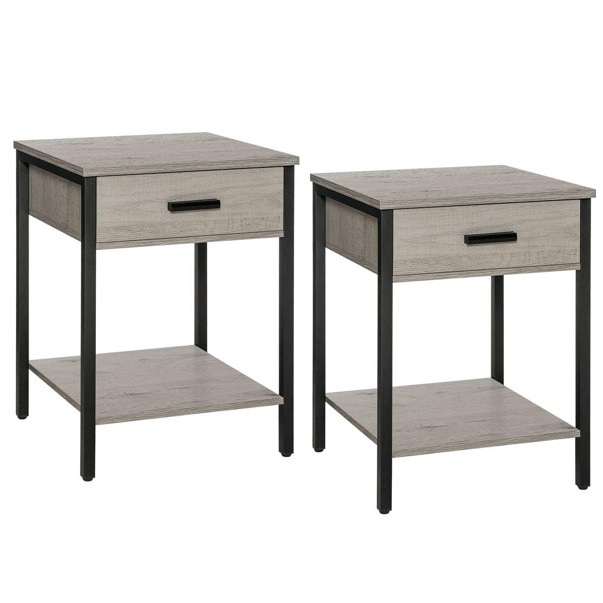 Gray Nightstand with Wood Drawer, Side Table with Storage Shelf, Bedroom