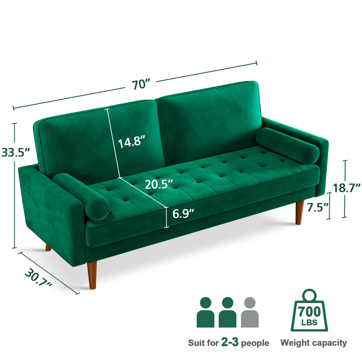 Loveseat Sofa, 70" Green Velvet Couch, Mid Century Modern Couch with Tufted Seat