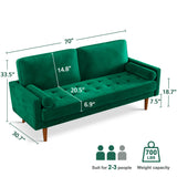 Loveseat Sofa, 70" Green Velvet Couch, Mid Century Modern Couch with Tufted Seat