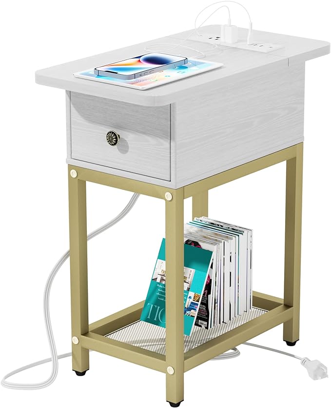 Side Table Night Stands End Table with Charging Station Drawers Narrow Side Table Living