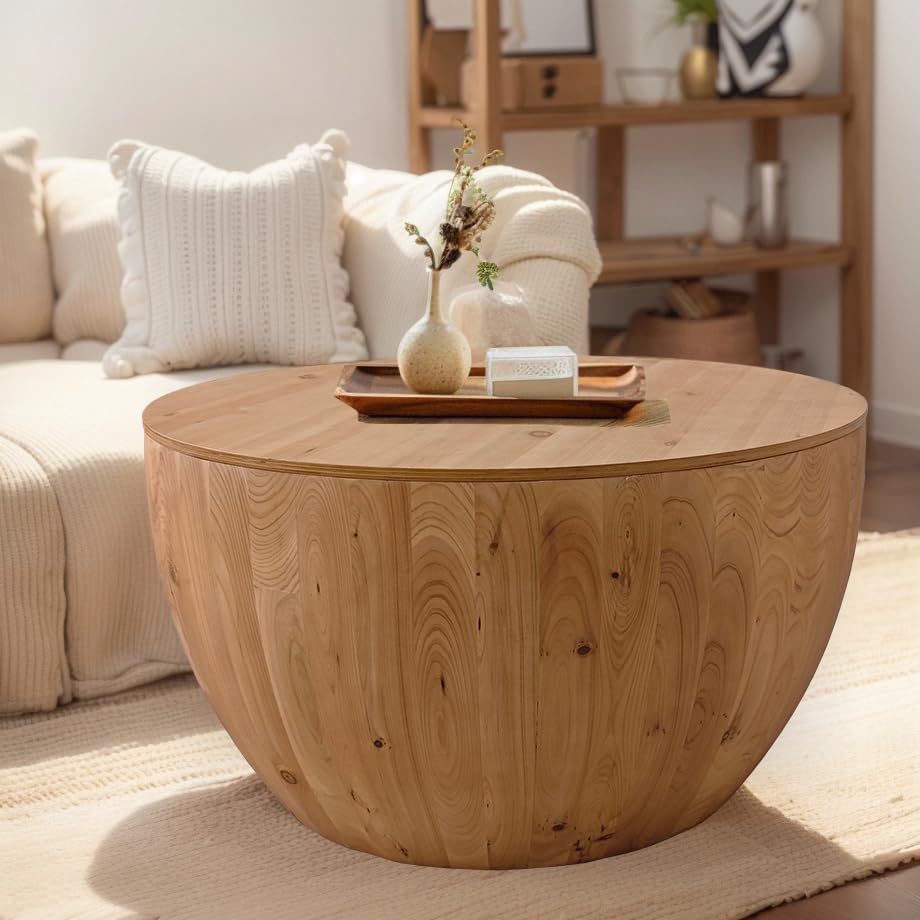 Vintage Wood Drum Coffee Table, Wood Round Coffee Table