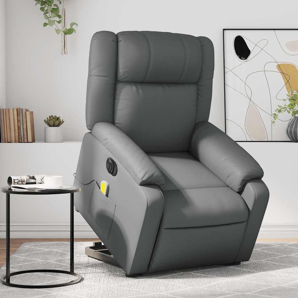 Massage Recliner Chair - Armchair Gray Faux Leather with Lift and Recline Functions - Comfortable Reclining Seating for Living Room