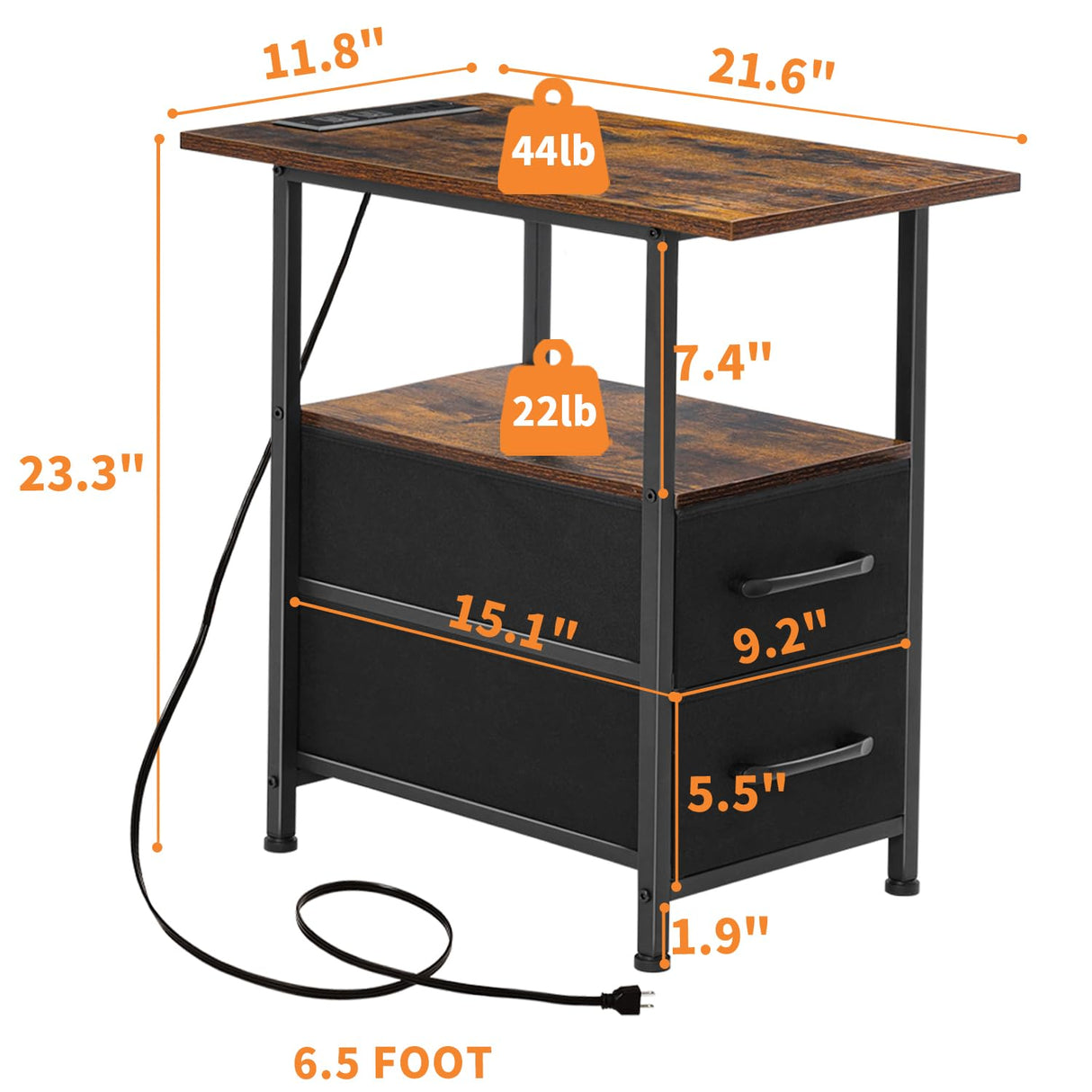 Narrow Side Table Set 2 with LED Light and USB C Port, Night Stand with Charging Station