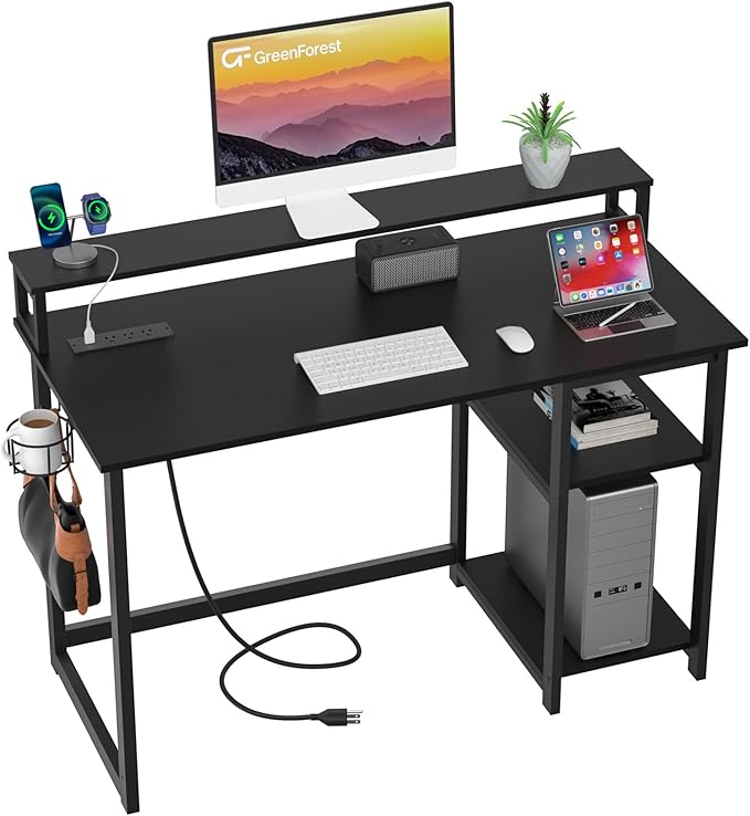 40 inch Computer Desk with Power Outlets, Small Home Office Desk with Ergonomic