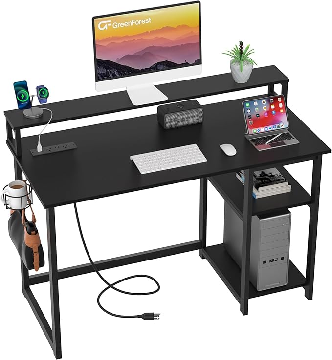47 inch Gaming Desk with Power Outlets, Small Home Office Desk with Ergonomic Monitor Stand