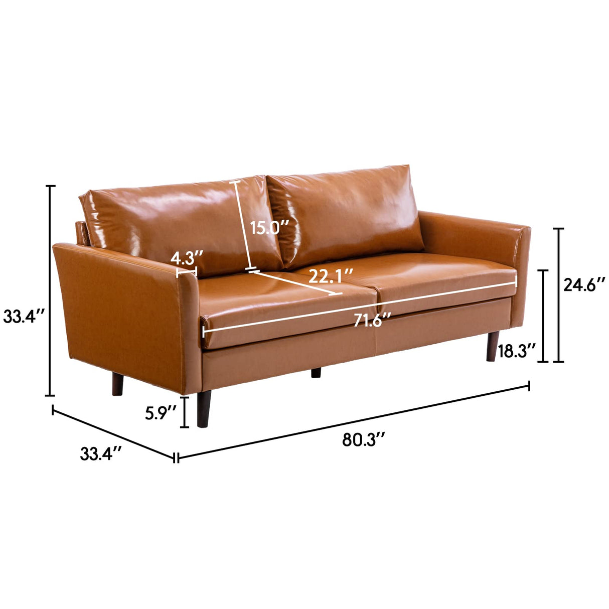 80'' Faux Leather Sofa Couch, Mid-Century Modern Sofa with Solid Wooden Frame