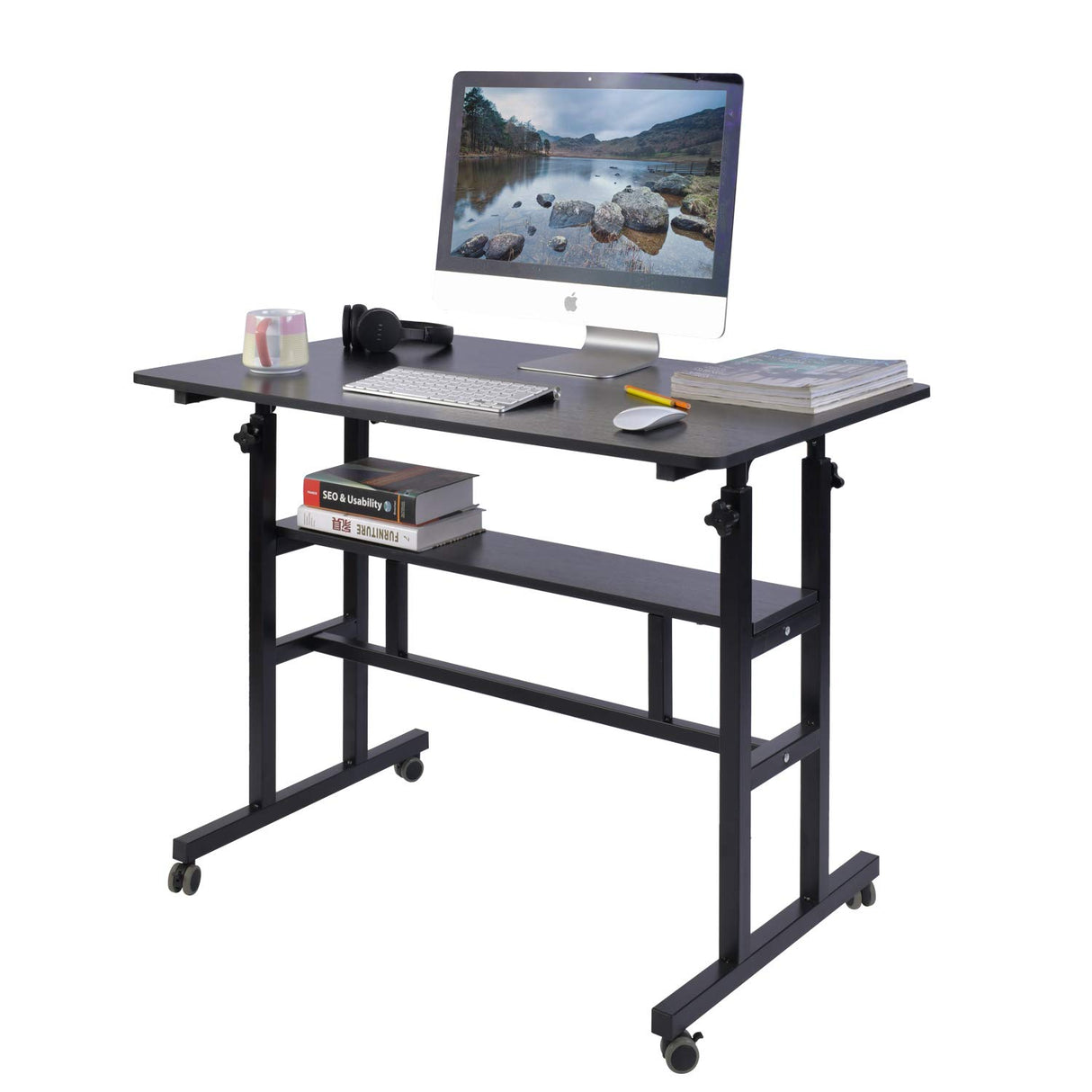 Mobile Standing Desk, Adjustable Computer Desk Rolling Laptop Cart on Wheels Home Office Computer Workstation, Portable Laptop Stand Tall Table for Standing or Sitting, Black, 39.4" x 23.6"