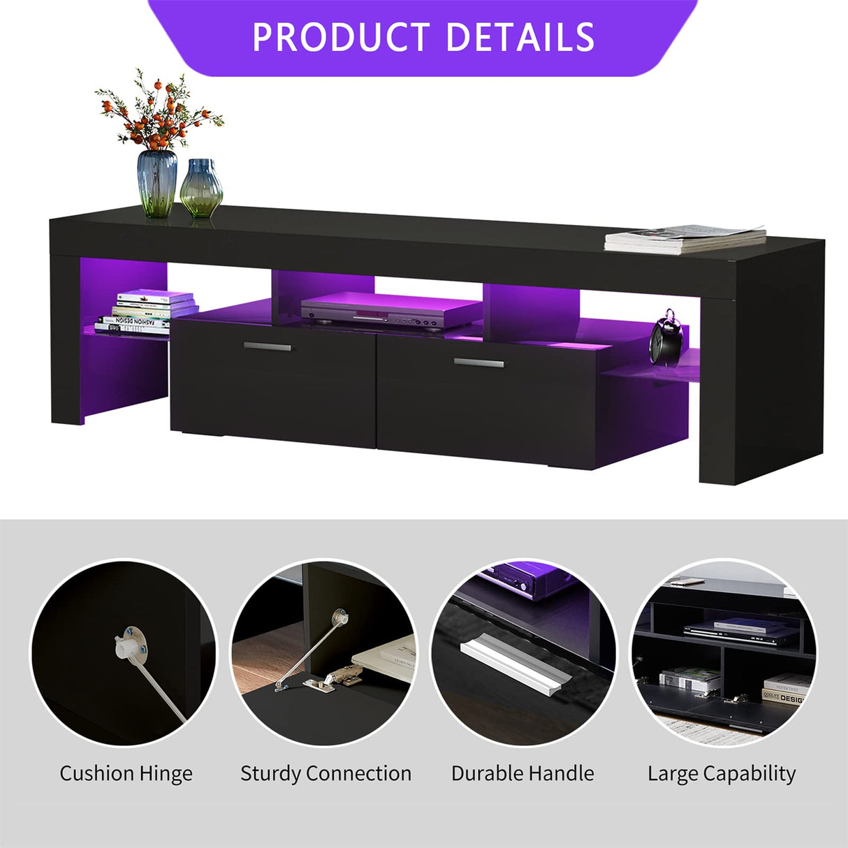 Black LED TV Stand for 55/65/70/75 inch TV, TV Media Center, Modern Entertainment