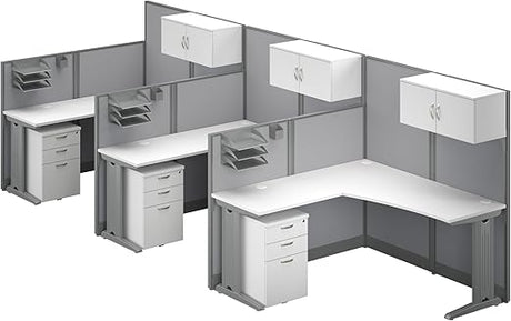 Office in an Hour 3 Person L Shaped Cubicle Desks with Storage, Drawers, and Organizers