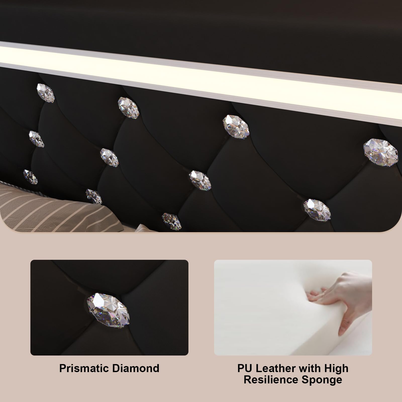 Benevika Queen Size Bed Frame with 4 Drawers and Charge Station, PU Leather Upholstered Bed with Adjustable LED Headboard, Wooden Slats Support, No Box Spring Needed, Black