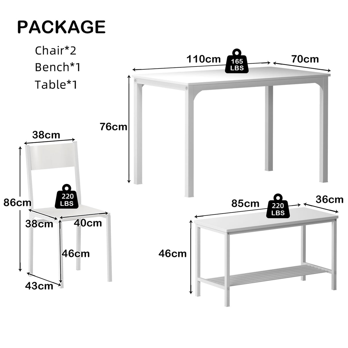 SogesHome Home Kitchen Table Set for 4, Compact Dining Table Chair Set, 4 Pieces Table Chair Bench Set for Small Place, Apartment, White