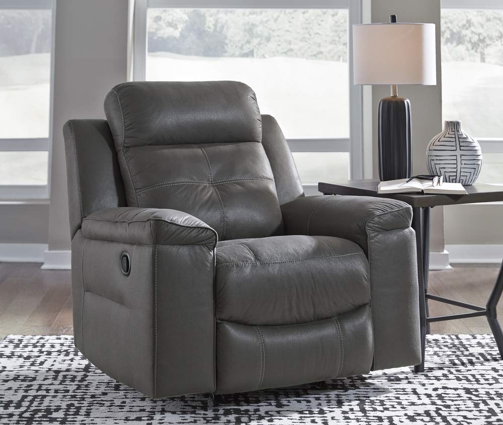 Signature Design by Ashley Jesolo Casual Faux Leather Manual Pull-Tab Rocker Recliner, Dark Gray