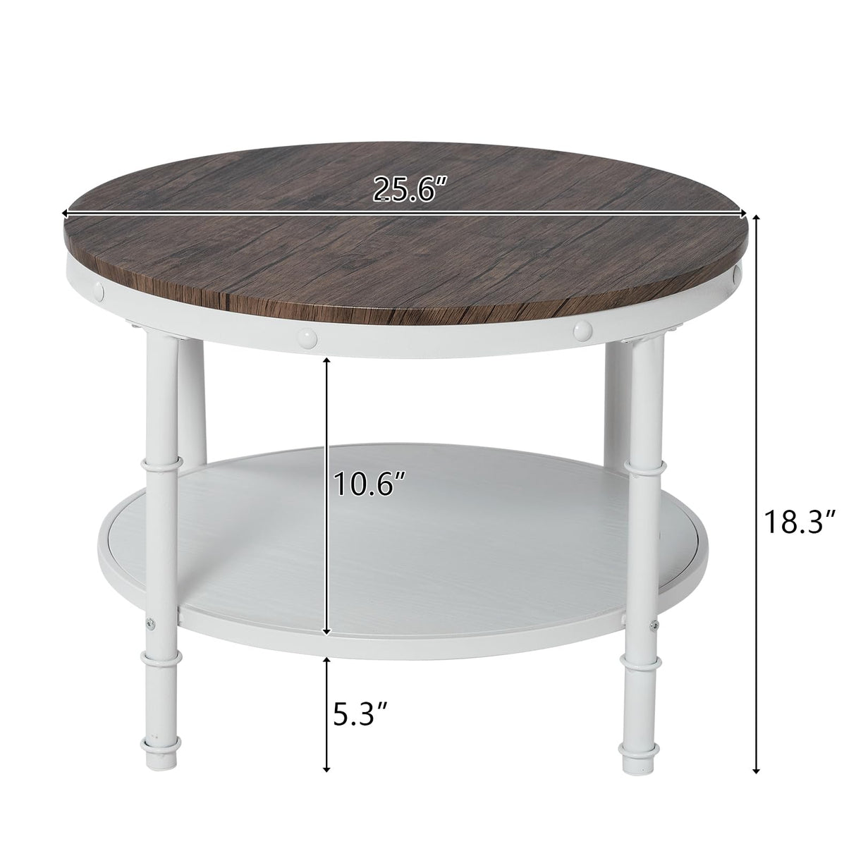 25.6" Dark Walnut White Round Farmhouse Coffee Table, 2-Tier Storage Wood Center