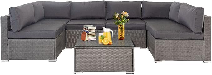 7-Piece Outdoor Patio Sofa, All Weather Black Brown Wicker Sectional Furniture