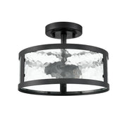 Farmhouse Semi Flush Mount Ceiling Light - 2-Light Black Fixture with Hammered Glass