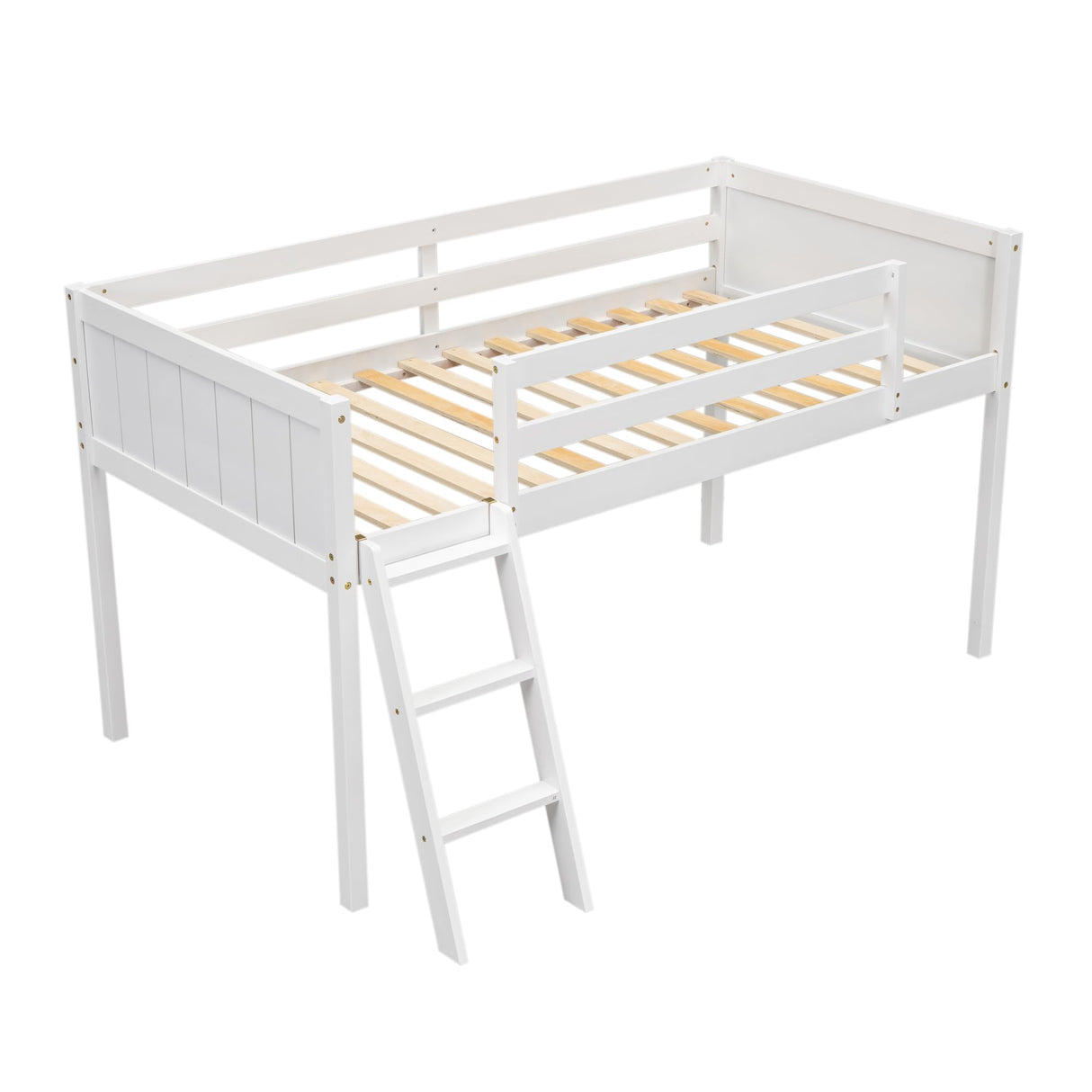 Twin Low Loft Bed, Twin Size Loft Bed with Ladder & Safety Guardrails, Wood Junior Lof