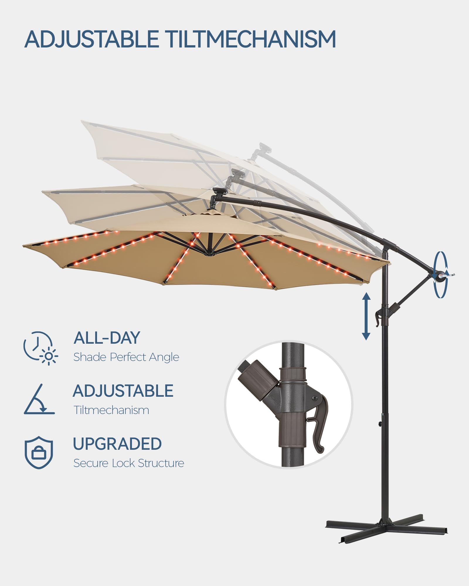 PEAKVONDER 10 ft Cantilever Offset Patio Umbrella With Solar Lights, Large Outdoor Umbrellas for Patio, Dual Charging, 200+ Light Modes, Heavy Duty, for Pool, Deck, Market, Tan HPU032T