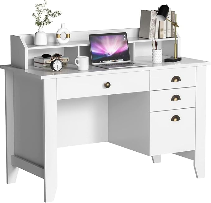 White Desk with Drawers, 47 Inch Home Office Computer Desk with File Drawers Student Girls Desks Teens Writing Table with Hutch, Small Desk with Drawer for Bedroom, White