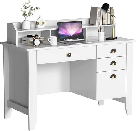 White Desk with Drawers, 47 Inch Home Office Computer Desk with File Drawers Student Girls Desks Teens Writing Table with Hutch, Small Desk with Drawer for Bedroom, White