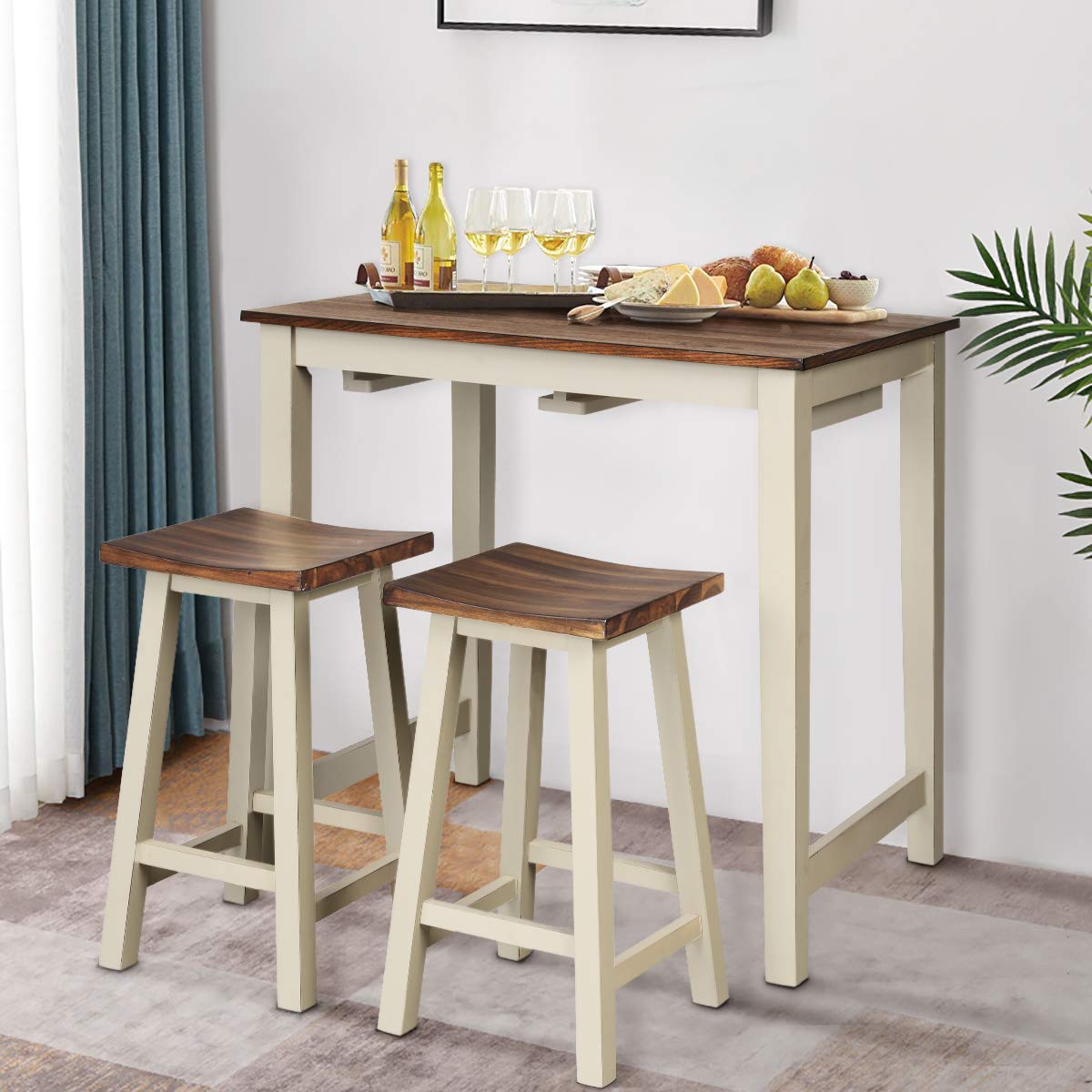 FFlyer Bar Table Set, 3 Piece Counter Height Breakfast Table with 2 Saddle Bar Stools