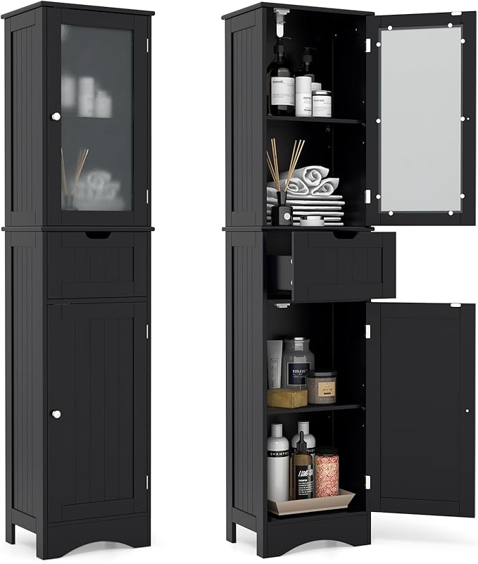 " Tall Bathroom Storage Cabinet, Slim Freestanding Tower w/ 2 Doors & 1 Drawer, Narrow Floor Cabinet w/Adjustable