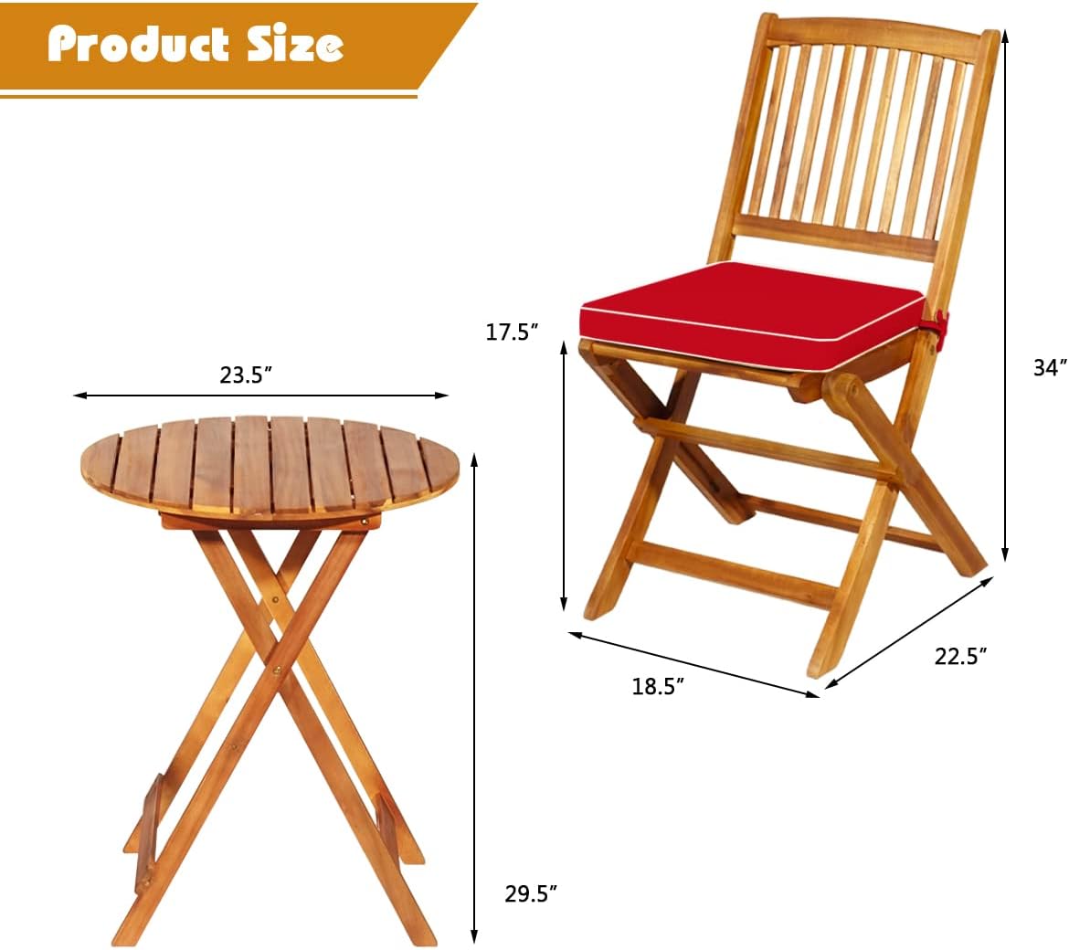 3Pcs Patio Bistro Set, Wood Folding Table Set, 2 Cushioned Chairs for Garden Yard