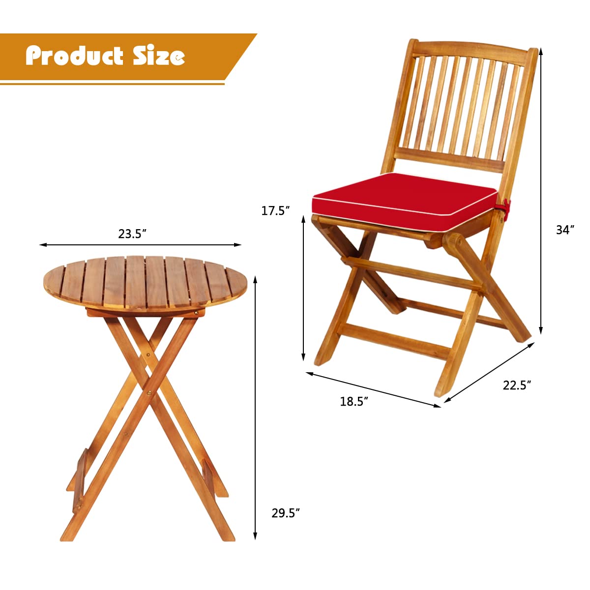 3Pcs Patio Bistro Set, Wood Folding Table Set