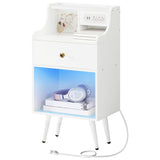 Nightstand with Charging Station and LED Light, Bedside Table with Fabric Drawer