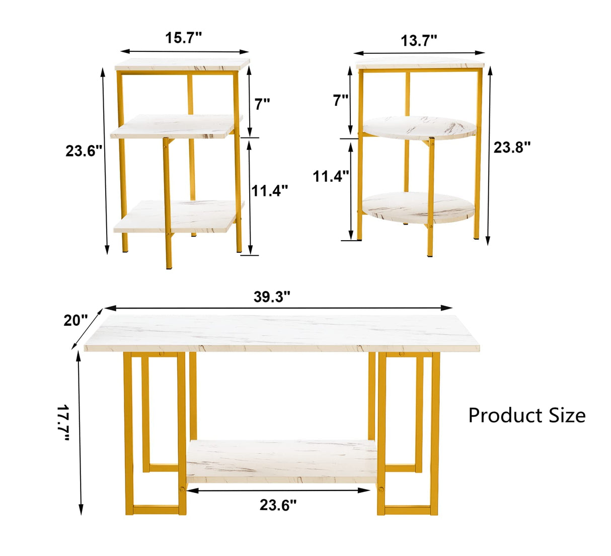 Coffee Table Set of 3, Modern 3-Piece Table Set Faux Marble Coffee Table