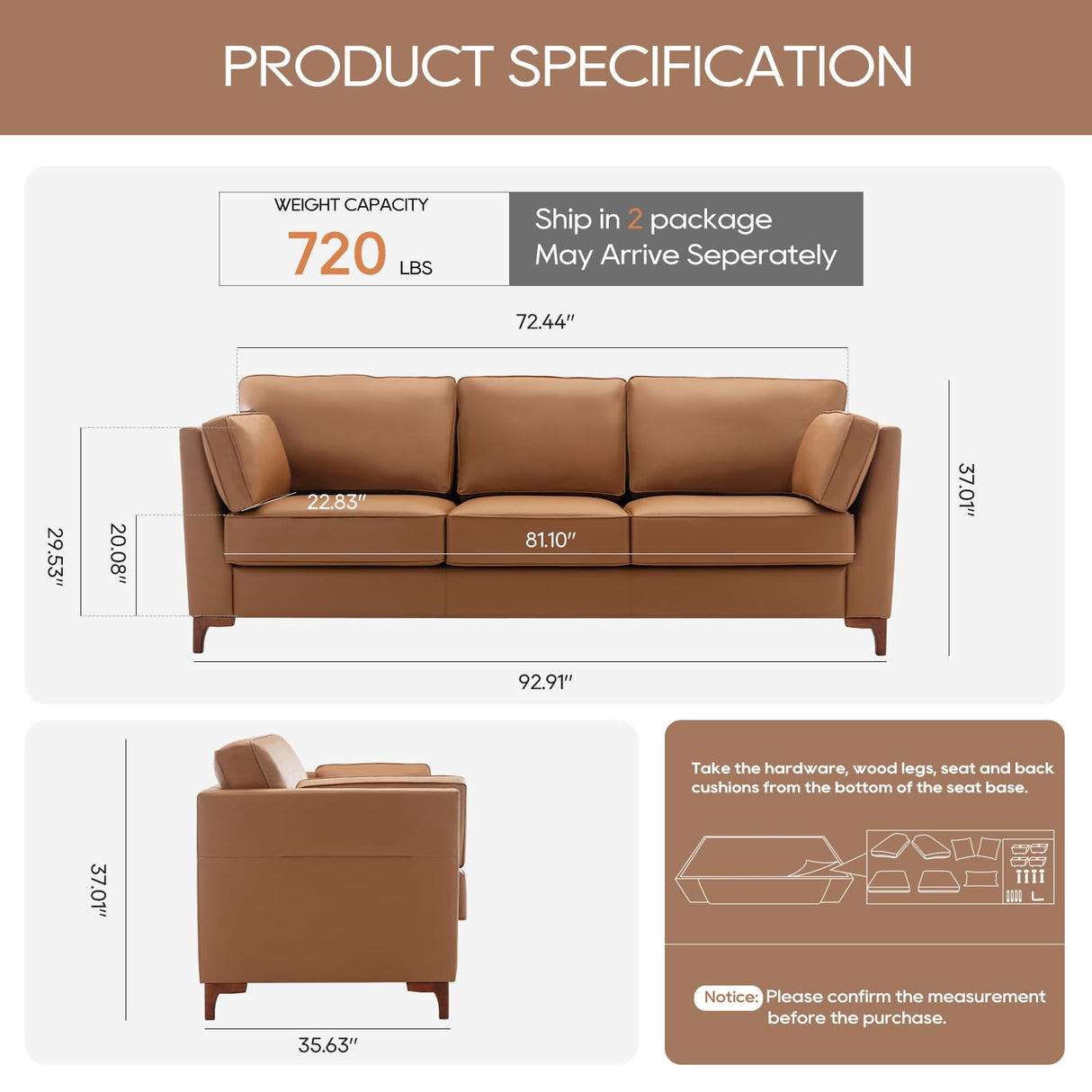 Faux Leather Sofa Couch, Modern 3-Seater Couch for Living Room/Small Space/Bedroom, Comfy Couch with Solid Wooden Frame and Metal Legs, Brown