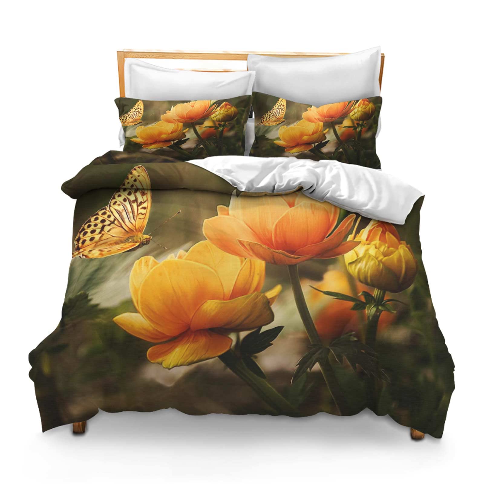 Printed Comforter Cover Set King Size Garden Flowers Butterfly Fritillaria Fritillaria Insect Animals Bedspread Room Decor for Kids Boys and Girls