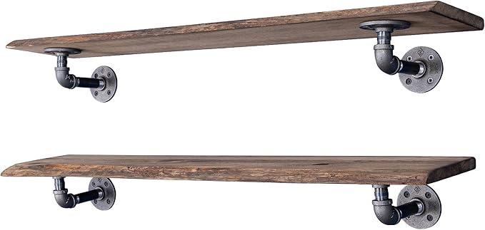 36” Sunset Cedar Live Edge Wood Shelf with Industrial L-Shaped Pipe Brackets (2-Pack)
