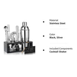 Bartender Kit with Stand - 15 Piece Bar Tool Set, Silver Bar Set Cocktail Shaker Set